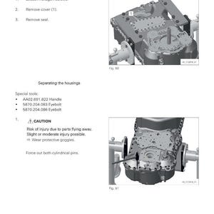 May include: Diagram illustrating the dismantling of a mechanical component, including removing covers and separating housings. The image provides detailed instructions and a caution notice about potential injury, advising the use of protective goggles.