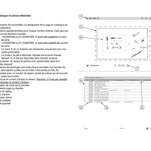 May include: Diagram of a parts catalog structure with numbered sections and a parts diagram. Includes a parts list with item numbers, descriptions, and quantities. Text in French.