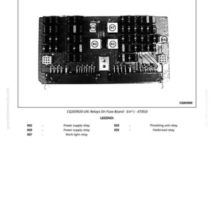 May include: Diagram of a fuse board with relays, labeled with codes like K02, K03, and K07. The text "Relays On Fuse Board" is at the top. The legend lists relay functions such as power supply and work light.