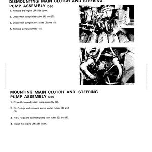 May include: A black and white technical diagram with text detailing the disassembly and assembly of a main clutch and steering pump assembly D50. Includes images of the engine components.