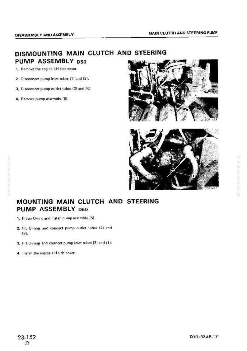 May include: A black and white technical diagram with text detailing the disassembly and assembly of a main clutch and steering pump assembly D50. Includes images of the engine components.