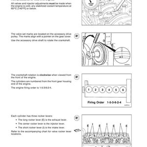 May include: Diagram of engine components with labels and instructions for injector adjustment. Includes a temperature gauge showing 140&deg;F, a pulley diagram, and a cylinder firing order diagram. Text explains procedures and identifies parts.