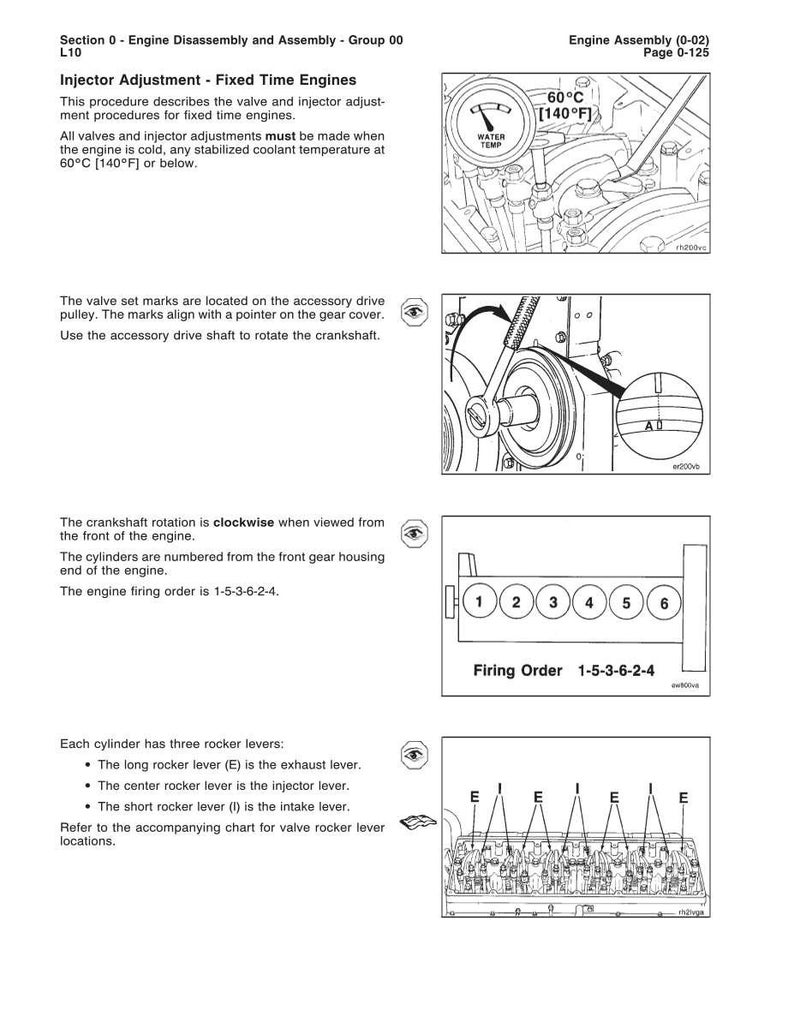 May include: Diagram of engine components with labels and instructions for injector adjustment. Includes a temperature gauge showing 140&deg;F, a pulley diagram, and a cylinder firing order diagram. Text explains procedures and identifies parts.