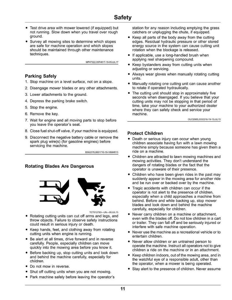 May include: A safety manual page with text and diagrams about lawn mower safety. Includes warnings about rotating blades, parking safely, and protecting children. The page is white with black text.