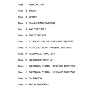 Op de afbeelding: Een witte pagina met het woord "CONTENTS" bovenaan, gevolgd door een lijst met hoofdstuktitels. Hoofdstukken zijn onder meer "INTRODUCTION", "ENGINE", "CLUTCH" en "TROUBLESHOOTING". Het document lijkt een handleiding te zijn.