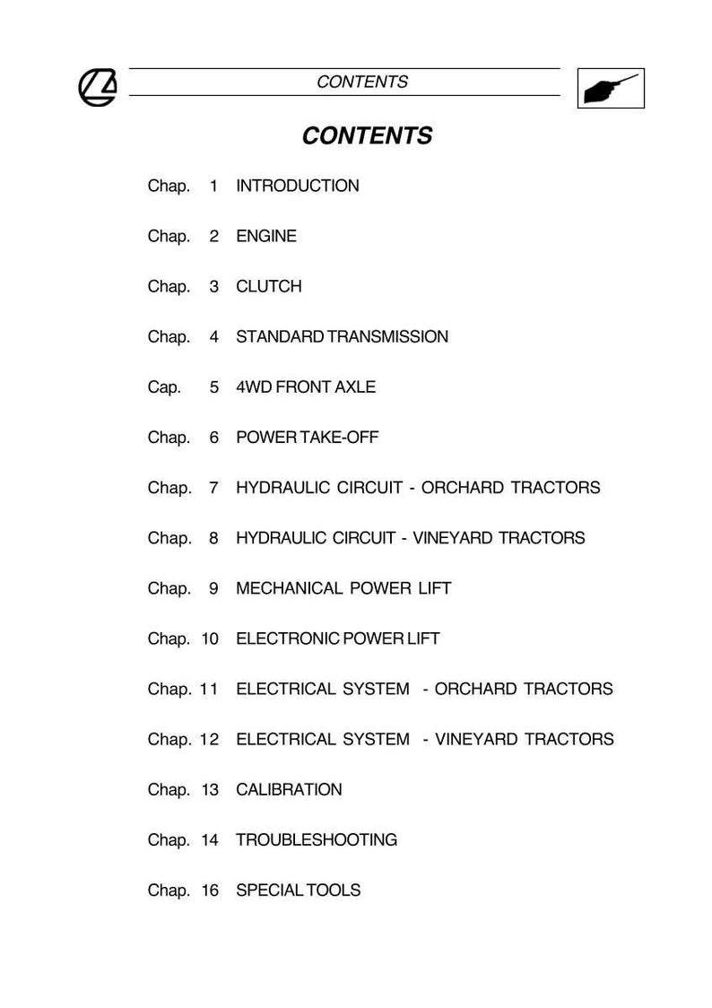 Op de afbeelding: Een witte pagina met het woord "CONTENTS" bovenaan, gevolgd door een lijst met hoofdstuktitels. Hoofdstukken zijn onder meer "INTRODUCTION", "ENGINE", "CLUTCH" en "TROUBLESHOOTING". Het document lijkt een handleiding te zijn.