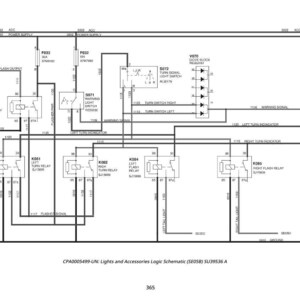 May include: A black and white schematic diagram of a vehicle's lights and accessories logic. The diagram includes various relays, switches, and wiring connections, with labels and notations for each component. The text "CPA0005499-UN: Lights and Accessories Logic Schematic (SE05B) SU39536 A" is at the bottom.