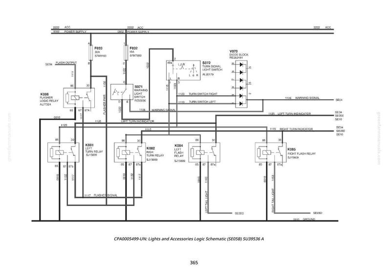 May include: A black and white schematic diagram of a vehicle's lights and accessories logic. The diagram includes various relays, switches, and wiring connections, with labels and notations for each component. The text "CPA0005499-UN: Lights and Accessories Logic Schematic (SE05B) SU39536 A" is at the bottom.