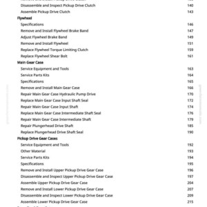 May include: A page from a manual with a list of mechanical procedures, including flywheel and gear case instructions. The text is in black font on a white background, with page numbers on the right.