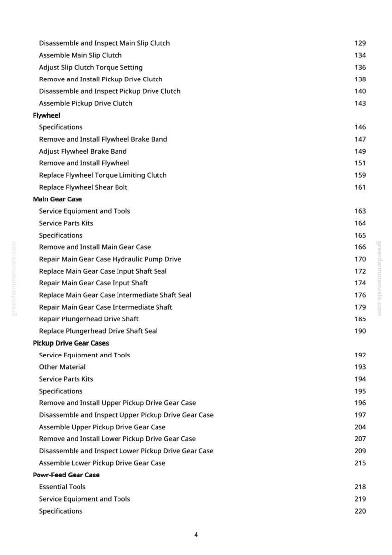 May include: A page from a manual with a list of mechanical procedures, including flywheel and gear case instructions. The text is in black font on a white background, with page numbers on the right.