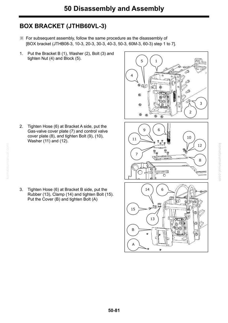 May include: Diagram of a box bracket assembly and disassembly process, with numbered components and instructions. Includes illustrations of parts like bolts, washers, and covers, with labels for each step. Text at the top reads "50 Disassembly and Assembly".