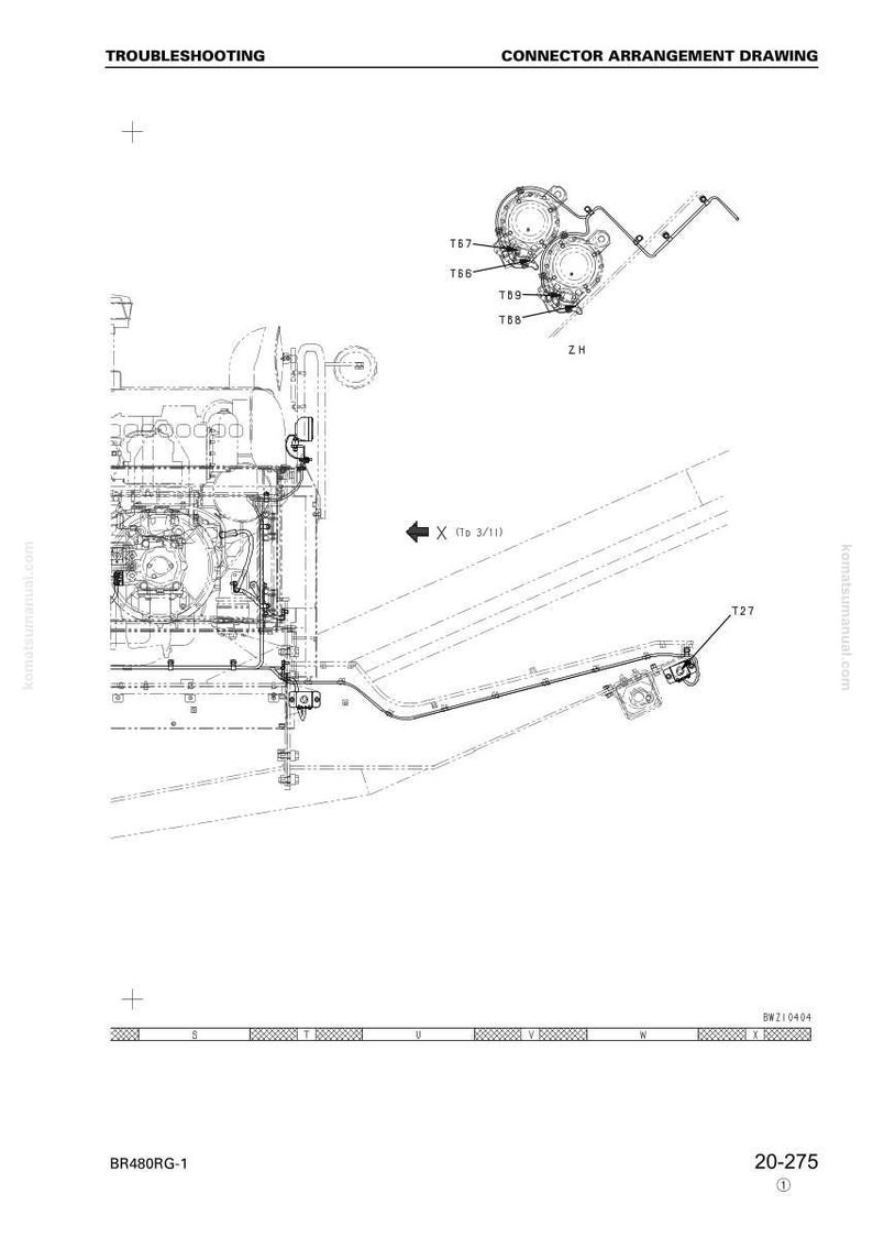 Op de afbeelding: Een gedetailleerde technische tekening met de titel "Probleemoplossing" en "Connector Arrangement Drawing". De zwart-wit illustratie toont mechanische componenten, waaronder gelabelde connectoren (T67, T66, T59, T58, T27) en de tekst "X (to 3/11)."