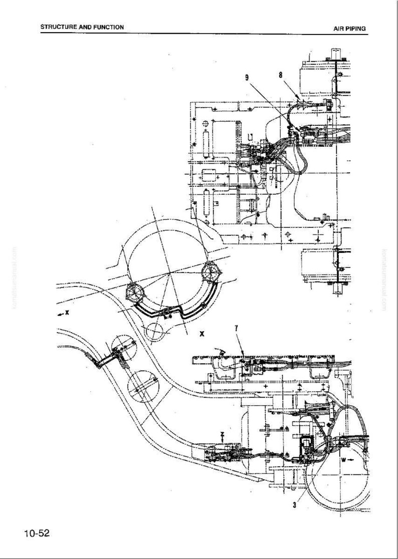 K&ouml;nnte beinhalten: Detaillierte technische Zeichnung der Luftverrohrung, gekennzeichnet mit Linien und Nummern. Das Diagramm enth&auml;lt den Text "STRUCTURE AND FUNCTION" und "AIR PIPING" oben. Die Seitenzahl "10-52" befindet sich unten.