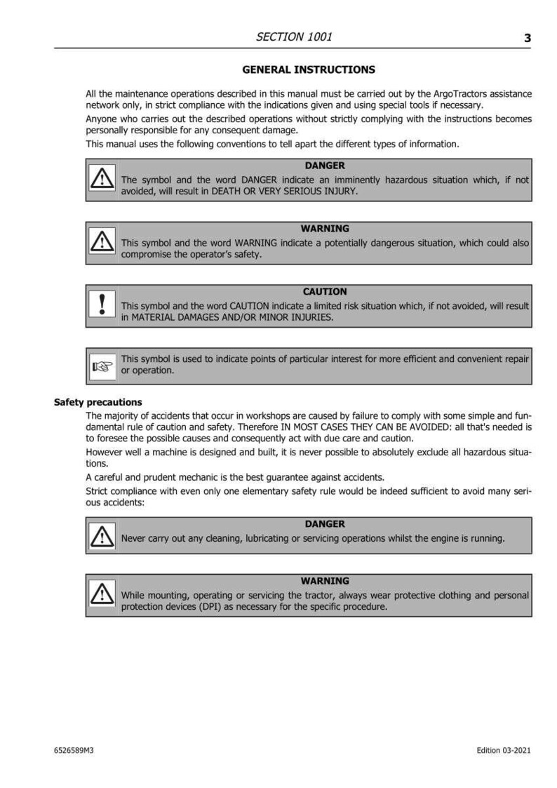 Puede incluir: Una p&aacute;gina de manual con instrucciones de seguridad, titulada "SECCI&Oacute;N 1001" e "INSTRUCCIONES GENERALES". Presenta s&iacute;mbolos de seguridad con las palabras "PELIGRO", "ADVERTENCIA" y "PRECAUCI&Oacute;N", junto con explicaciones. El manual tambi&eacute;n proporciona precauciones de seguridad.