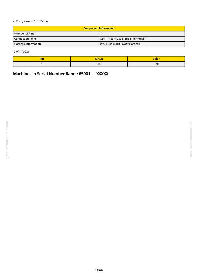 May include: A component information table with a yellow header and white background. The table includes details on the number of pins, connection points, and harness information. A pin table shows circuit and color details.