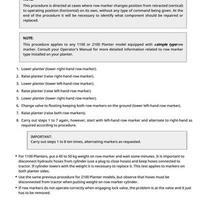 May include: A page from an operator's manual detailing procedures for checking row marker valves and cylinders. The text includes numbered steps, notes, and important instructions for planter models.