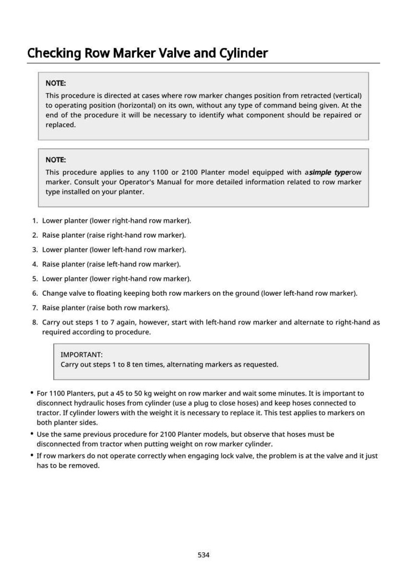 May include: A page from an operator's manual detailing procedures for checking row marker valves and cylinders. The text includes numbered steps, notes, and important instructions for planter models.