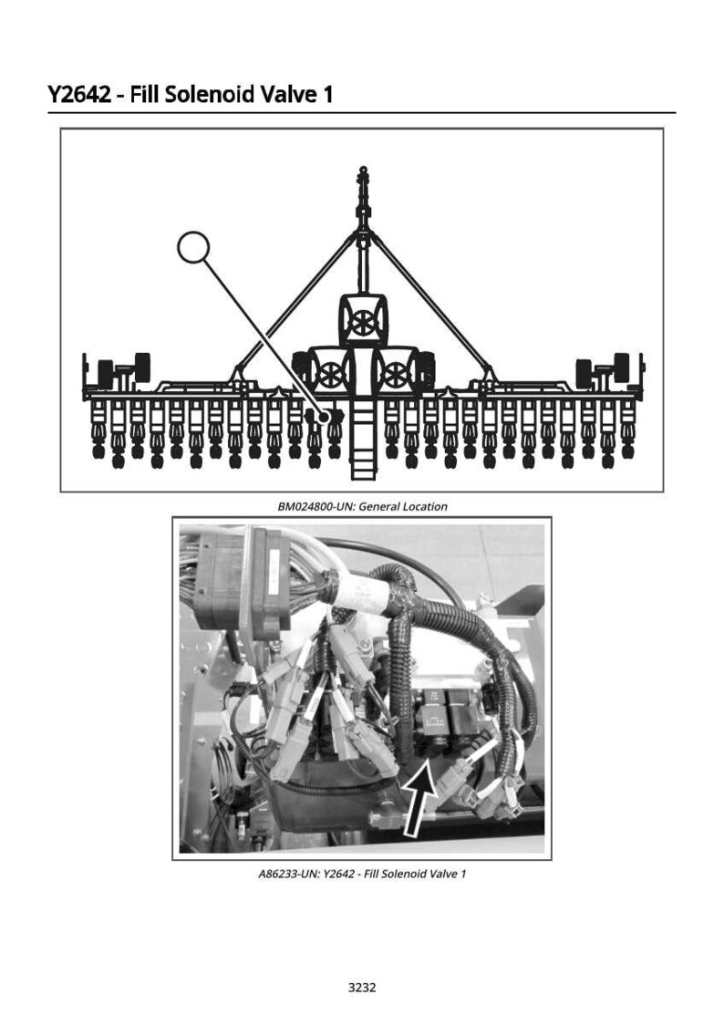 May include: Diagram and photograph of a fill solenoid valve. The diagram shows a schematic of the valve with labels. The photograph shows the valve installed in a machine, with an arrow pointing to the valve. Text includes "Y2642 - Fill Solenoid Valve 1".