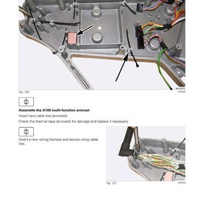 May include: Diagram of an electrical system component with arrows pointing to cable ties and thermal tape. Text reads "Assemble the A100 multi-function armrest" and "Insert new cable ties (arrowed)." The Fendt logo is visible.