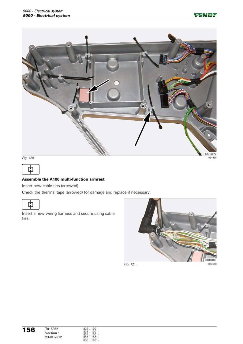May include: Diagram of an electrical system component with arrows pointing to cable ties and thermal tape. Text reads "Assemble the A100 multi-function armrest" and "Insert new cable ties (arrowed)." The Fendt logo is visible.
