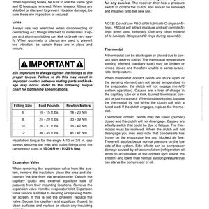 May include: A detailed component replacement guide with sections on hoses, fittings, lines, and expansion valves. Includes a torque chart in foot-pounds and Newton meters, and instructions for receiver-drier and thermostat maintenance. Text is in black on a white background.