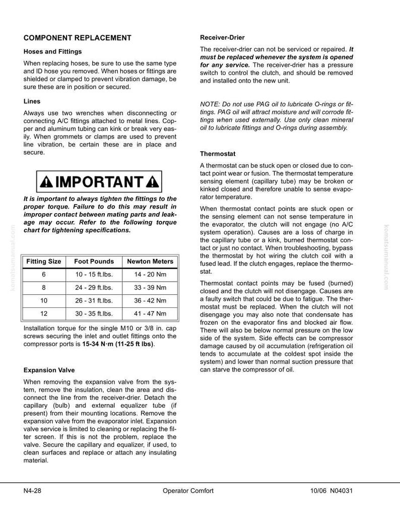 May include: A detailed component replacement guide with sections on hoses, fittings, lines, and expansion valves. Includes a torque chart in foot-pounds and Newton meters, and instructions for receiver-drier and thermostat maintenance. Text is in black on a white background.
