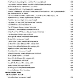 Puede incluir: Una lista detallada de procedimientos e instrucciones mec&aacute;nicas, incluyendo la extracci&oacute;n de v&aacute;lvulas, el desmontaje de cilindros y el mantenimiento del sistema hidr&aacute;ulico. El texto est&aacute; organizado con t&iacute;tulos y n&uacute;meros de p&aacute;gina, adecuado para documentaci&oacute;n t&eacute;cnica.