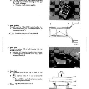 May include: A technical diagram from a manual detailing axle housing disassembly and assembly. The image includes illustrations of axle components, diagrams, and numbered parts. Text instructions accompany the diagrams, providing step-by-step guidance for the process.