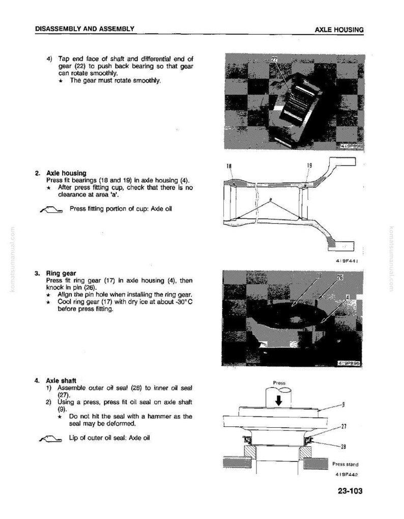 May include: A technical diagram from a manual detailing axle housing disassembly and assembly. The image includes illustrations of axle components, diagrams, and numbered parts. Text instructions accompany the diagrams, providing step-by-step guidance for the process.