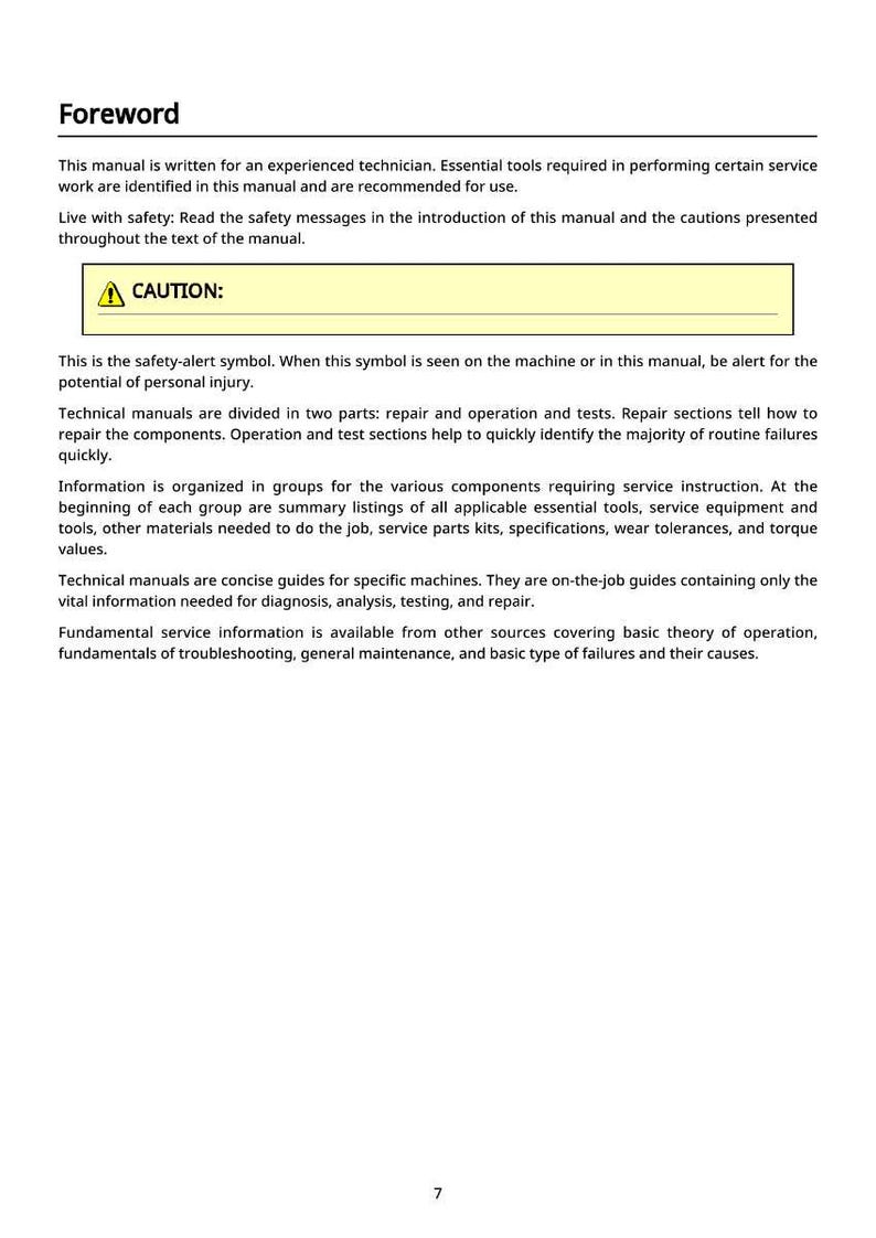 May include: A page from a technical manual with the heading "Foreword." The text includes safety warnings and instructions for experienced technicians. A yellow box with a caution symbol is visible.