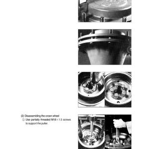 Peut inclure: Diagramme technique en noir et blanc illustrant le d&eacute;montage et le montage d'un moyeu de roue et d'une couronne. L'image comprend des gros plans de composants m&eacute;caniques, avec du texte indiquant les &eacute;tapes du processus.