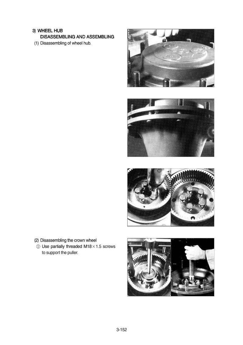 Peut inclure: Diagramme technique en noir et blanc illustrant le d&eacute;montage et le montage d'un moyeu de roue et d'une couronne. L'image comprend des gros plans de composants m&eacute;caniques, avec du texte indiquant les &eacute;tapes du processus.