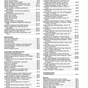 May include: A page from a manual with a table of contents, listing maintenance and service procedures for agricultural machinery. The table includes topics like lubrication, troubleshooting, and adjustments.
