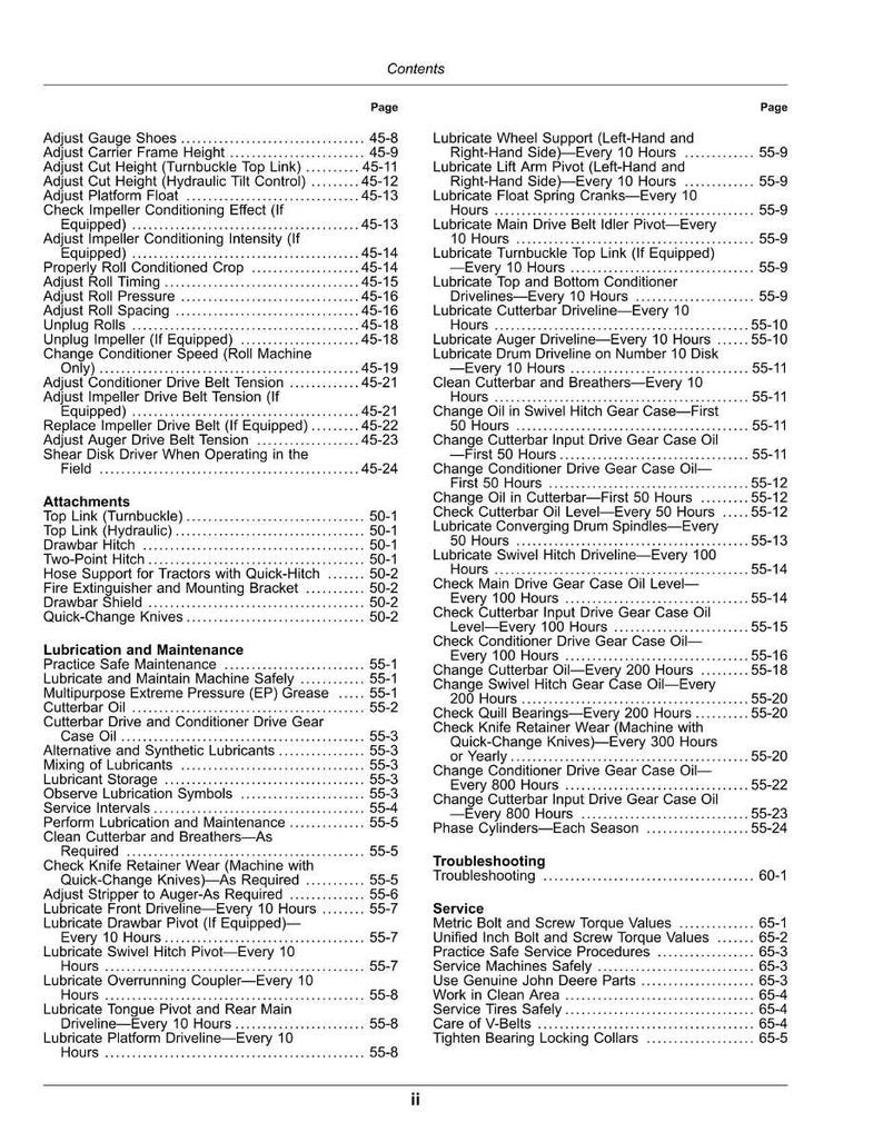 May include: A page from a manual with a table of contents, listing maintenance and service procedures for agricultural machinery. The table includes topics like lubrication, troubleshooting, and adjustments.