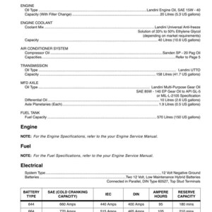 May include: A page from a manual detailing general specifications and torques. It lists engine oil types, coolant mix, transmission oil, and fuel capacity. Also includes electrical specifications for batteries, including SAE cold cranking capacity, IEC, DIN, ampere hours, and reserve capacity.