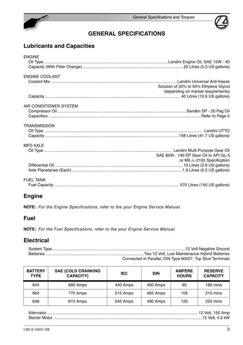 May include: A page from a manual detailing general specifications and torques. It lists engine oil types, coolant mix, transmission oil, and fuel capacity. Also includes electrical specifications for batteries, including SAE cold cranking capacity, IEC, DIN, ampere hours, and reserve capacity.