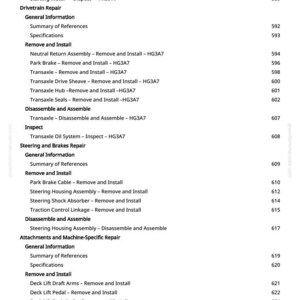 May include: A page from a manual with a list of automotive repair procedures. The text includes sections on drivetrain repair, steering, brakes, and engine components, with page numbers on the right.
