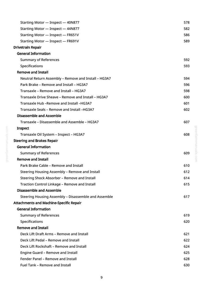 May include: A page from a manual with a list of automotive repair procedures. The text includes sections on drivetrain repair, steering, brakes, and engine components, with page numbers on the right.