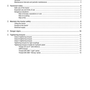 Op de afbeelding: Een wit document met de titel "INHOUD" en het Argo Tractors-logo. Het document bevat verschillende secties, waaronder "Technische notities", "Aanhaalmomenten" en "Gevarentekens". Het is een handleiding voor een tractor.