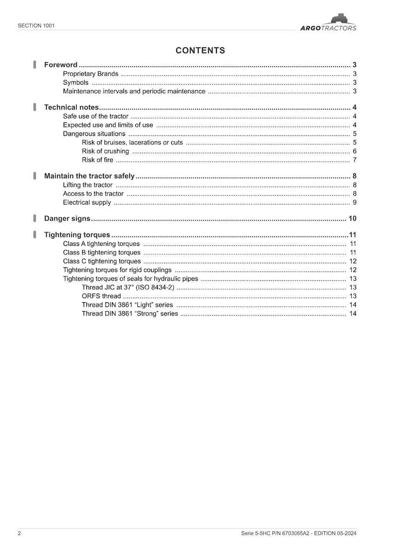 Op de afbeelding: Een wit document met de titel "INHOUD" en het Argo Tractors-logo. Het document bevat verschillende secties, waaronder "Technische notities", "Aanhaalmomenten" en "Gevarentekens". Het is een handleiding voor een tractor.