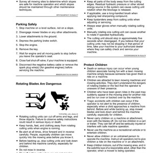 May include: A safety manual page with warnings about lawn mower operation. Includes instructions for safe parking, and warnings about rotating blades and protecting children. Text in black and white.