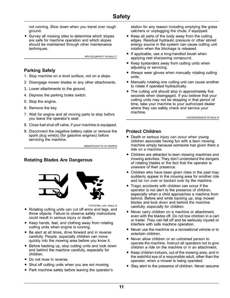 May include: A safety manual page with warnings about lawn mower operation. Includes instructions for safe parking, and warnings about rotating blades and protecting children. Text in black and white.