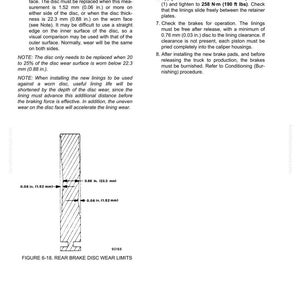 May include: Diagram of a rear brake disc wear limit, with measurements in inches. The diagram shows the disc's cross-section, indicating wear limits of 0.06 inches (1.52 mm) and 0.88 inches (22.3 mm). Includes the text "Figure 6-18. Rear Brake Disc Wear Limits."