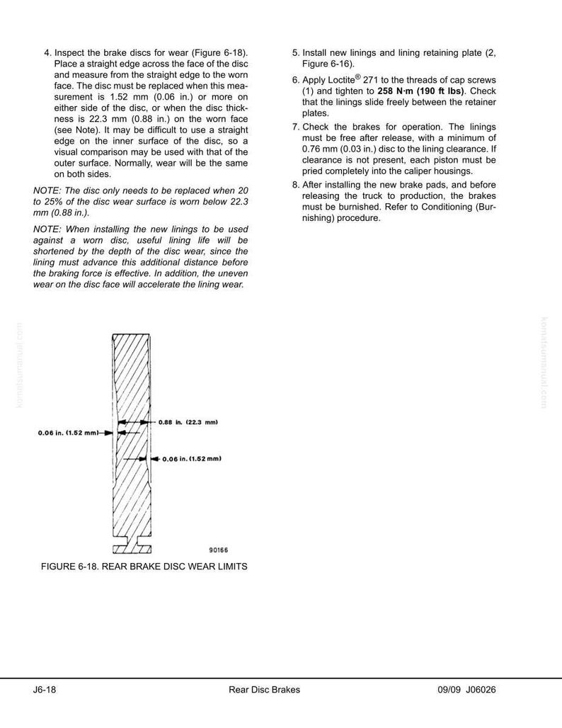 May include: Diagram of a rear brake disc wear limit, with measurements in inches. The diagram shows the disc's cross-section, indicating wear limits of 0.06 inches (1.52 mm) and 0.88 inches (22.3 mm). Includes the text "Figure 6-18. Rear Brake Disc Wear Limits."