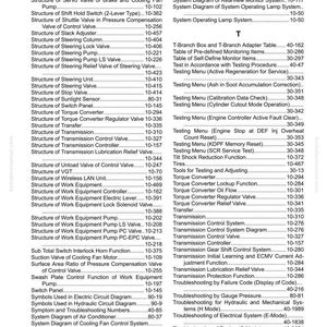 May include: Index page from a manual, listing various components and systems, such as steering, transmission, and work equipment. The page includes a table of contents with page numbers, and the text is in black font.