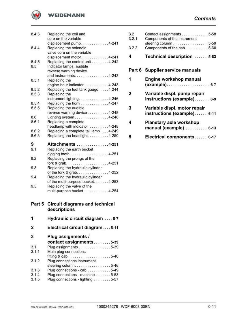 May include: A page from a Weidemann service manual, featuring a table of contents and detailed sections on attachments, circuit diagrams, and plug assignments. The manual includes technical descriptions and supplier service manuals.