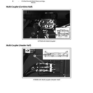 May include: Technical diagram of a multi-coupler system, featuring detailed illustrations of the combine and header halves. The image includes labels and a legend with component descriptions, such as reel speed cartridges and feeder house ports. The diagram is in black and white.