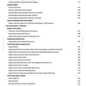 May include: A page from a manual with a table of contents. The text includes terms like "Cylinder Repair," "Twine Mechanism," and "Hydraulic." The page number is 6.