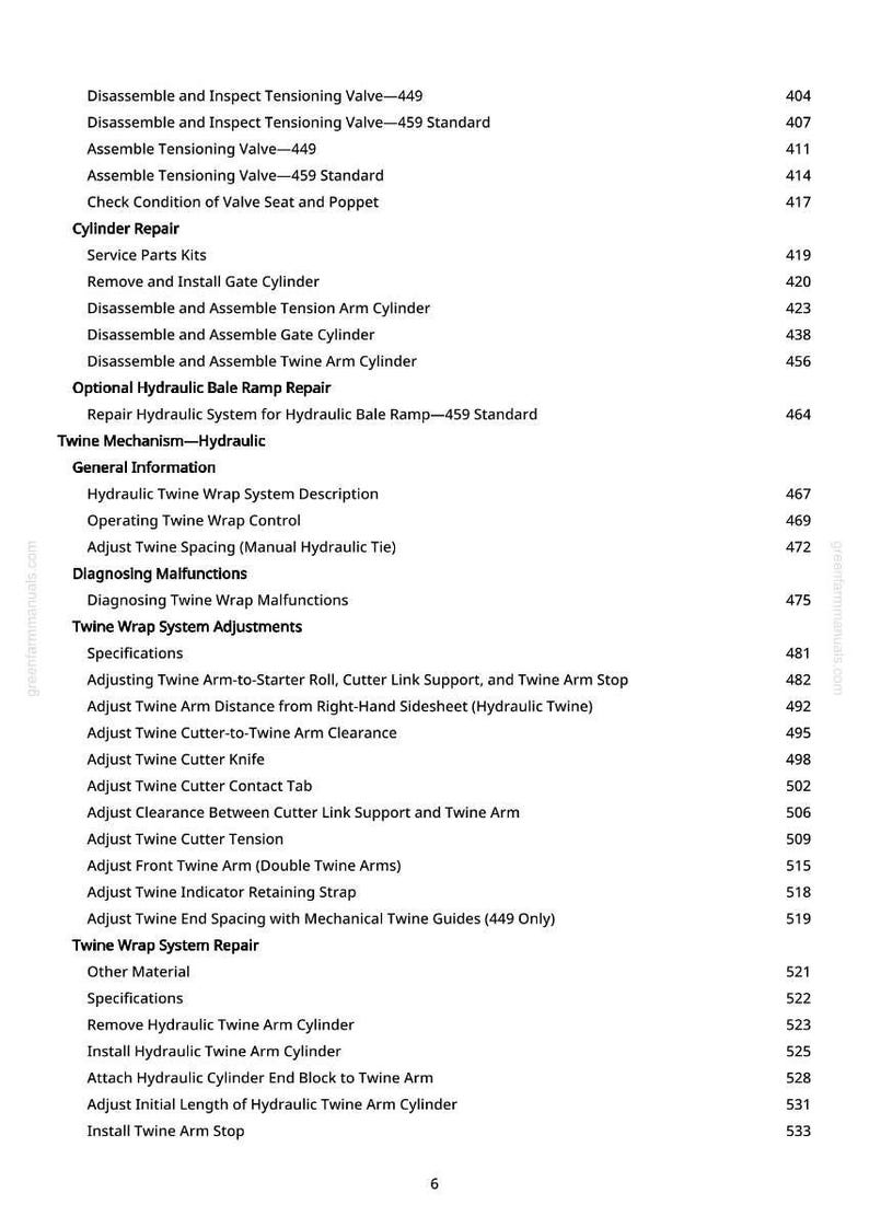 May include: A page from a manual with a table of contents. The text includes terms like "Cylinder Repair," "Twine Mechanism," and "Hydraulic." The page number is 6.
