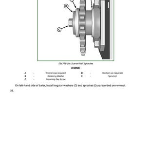 May include: Diagram of a starter roll sprocket assembly, labeled with letters A through E. Includes a retaining cap screw, retaining washer, and washers. Text reads "E68766-UN: Starter Roll Sprocket" and instructions for installation.